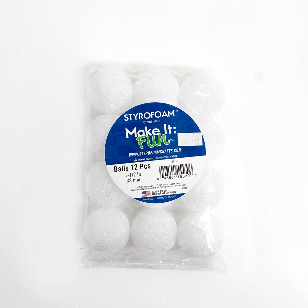 White, FloraCraft, Styrofoam, Ball, 1.5", 12 Piece